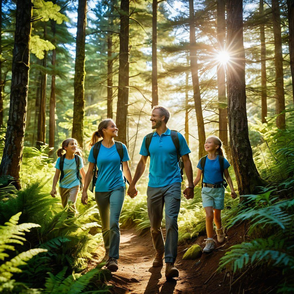 A joyful family hiking through a lush, green forest, with sunlight filtering through the trees, capturing the essence of adventure and togetherness. They are making memories with laughter, and a sense of exploration is palpable in the air. A serene blue sky and majestic mountains in the background enhance the scene. Capture the vibrant colors of nature and the warmth of human connection. super-realistic. vibrant colors. 3D.
