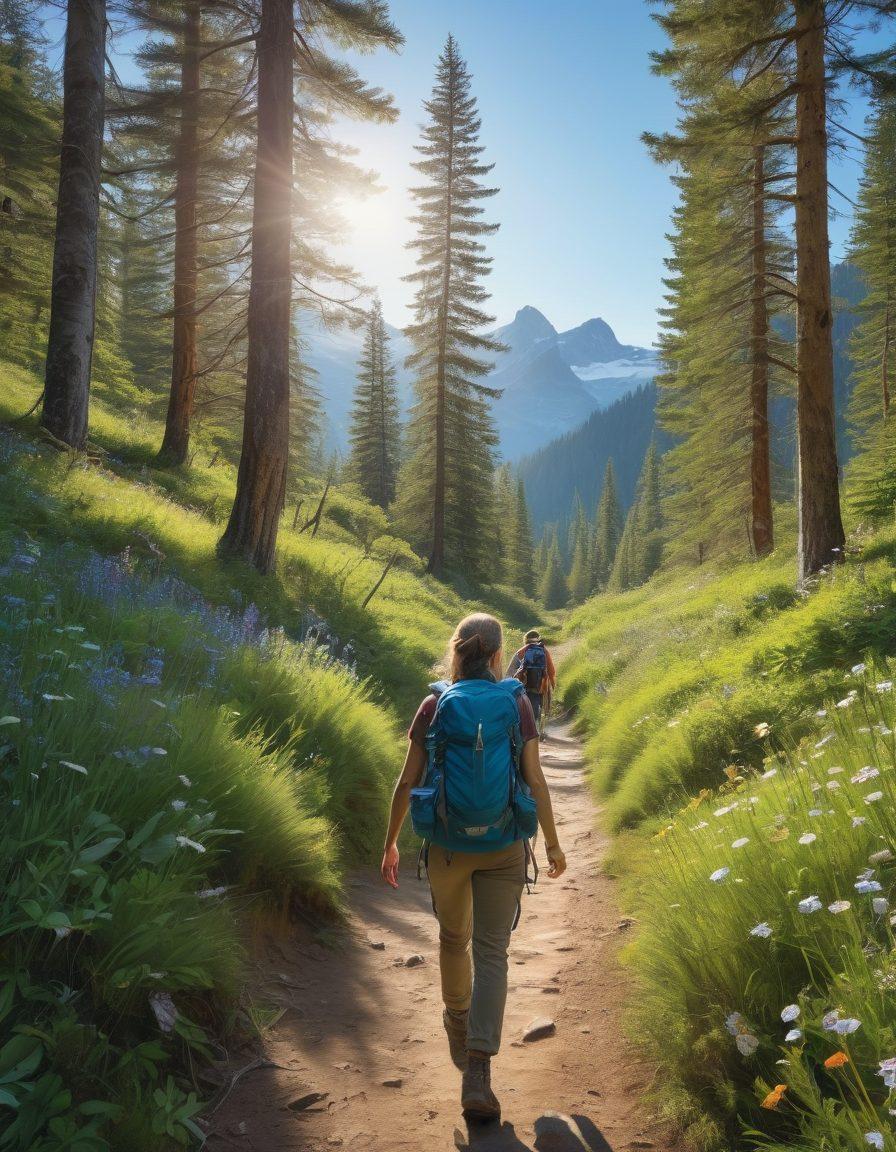 A breathtaking scene showcasing a diverse group of hikers joyfully exploring a lush green forest trail, with a clear blue sky overhead. In the foreground, an open backpack with trail maps and water bottles suggests preparation and responsibility. Surrounding them are vibrant wildflowers, towering trees, and distant mountains, inviting a sense of adventure. Illustrate a strong focus on harmony with nature and the spirit of exploration. super-realistic. vibrant colors. nature-themed.