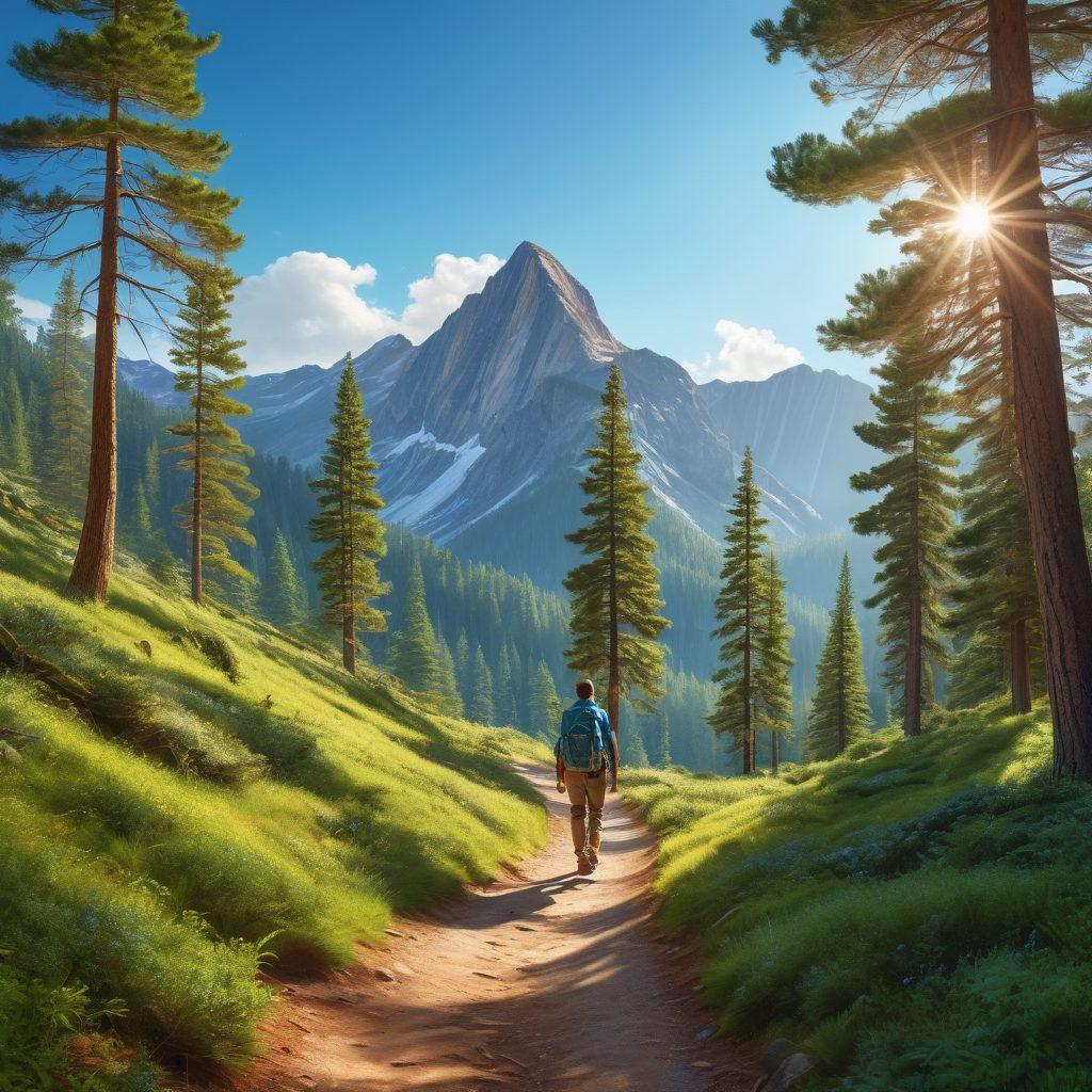 A serene mountain landscape with vibrant green trails winding through tall pine trees, leading towards a majestic peak under a bright blue sky. In the foreground, a hiker joyfully navigating the path, with a backpack and a sense of adventure. Sunlight filtering through the leaves, casting playful shadows on the ground. Emphasize a sense of freedom and exploration. super-realistic. vibrant colors. 3D.